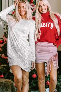 Sale Dear-Lover Sequin Long Sleeve Tie Waist Mini Dress Silvery