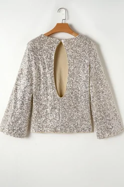 Outlet Dear-Lover Sequin Puff Sleeve Cutout Back Blouse Silvery