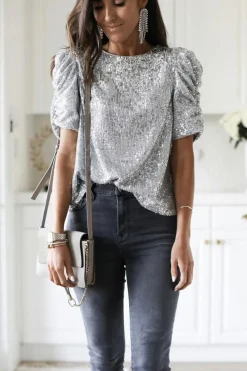 Hot Dear-Lover Short Ruched Puff Sleeve Sequin Top Silvery