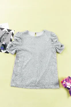 Hot Dear-Lover Short Ruched Puff Sleeve Sequin Top Silvery