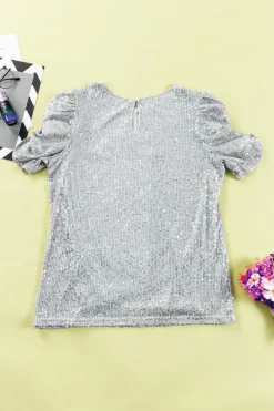 Hot Dear-Lover Short Ruched Puff Sleeve Sequin Top Silvery