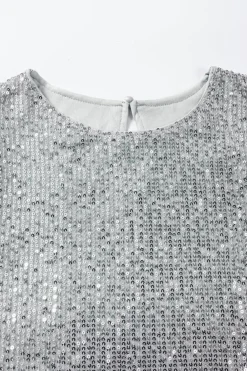 Hot Dear-Lover Short Ruched Puff Sleeve Sequin Top Silvery