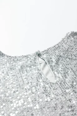 Hot Dear-Lover Short Ruched Puff Sleeve Sequin Top Silvery