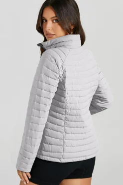 Fashion Dear-Lover Solid Color Quilted Zip-up Puffer Jacket Silvery