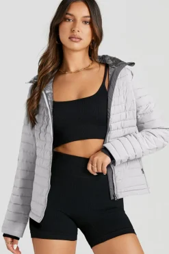 Fashion Dear-Lover Solid Color Quilted Zip-up Puffer Jacket Silvery
