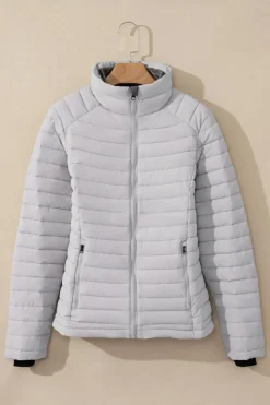 Fashion Dear-Lover Solid Color Quilted Zip-up Puffer Jacket Silvery