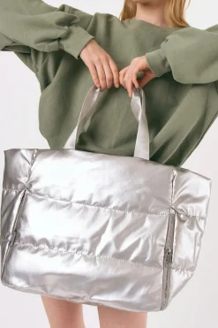 Sale Dear-Lover Solid Zipper Puffer Large Tote Bag Silvery