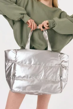 Sale Dear-Lover Solid Zipper Puffer Large Tote Bag Silvery