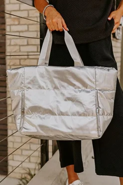 Sale Dear-Lover Solid Zipper Puffer Large Tote Bag Silvery