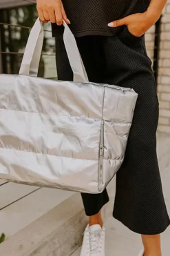 Sale Dear-Lover Solid Zipper Puffer Large Tote Bag Silvery
