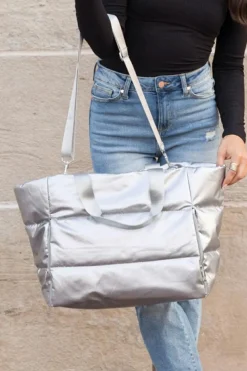 Sale Dear-Lover Solid Zipper Puffer Large Tote Bag Silvery