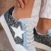 Online Dear-Lover Star Glitter Patchwork Lace-up Sneakers Silvery