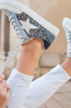Online Dear-Lover Star Glitter Patchwork Lace-up Sneakers Silvery