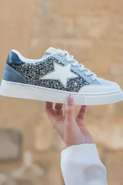Online Dear-Lover Star Glitter Patchwork Lace-up Sneakers Silvery
