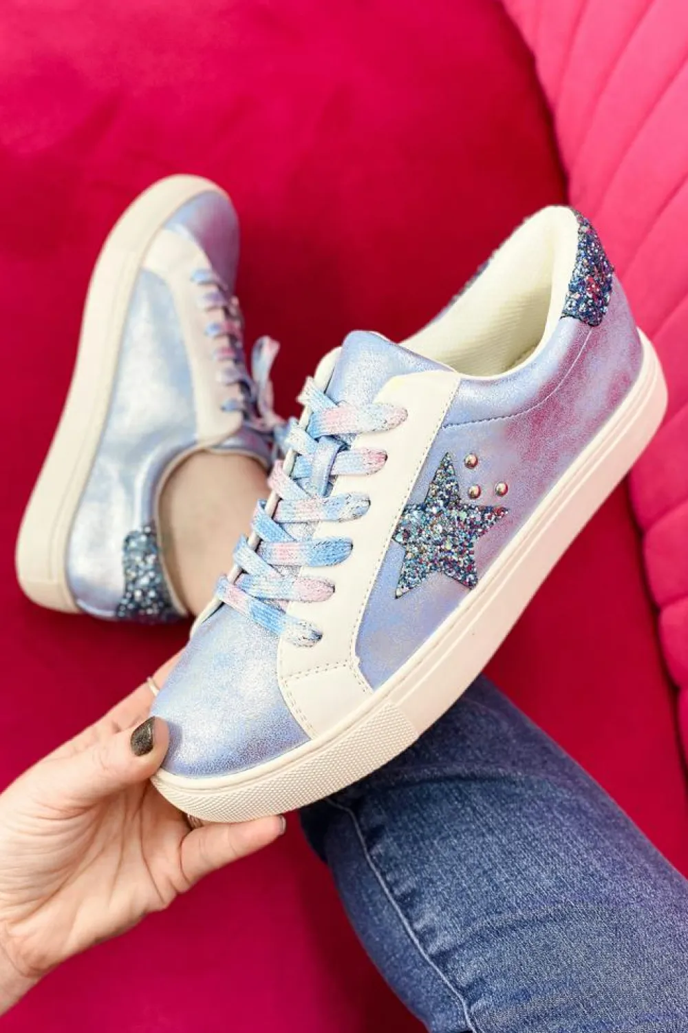 Fashion Dear-Lover Star Sequin Patchwork Criss Cross Casual Shoes Silvery