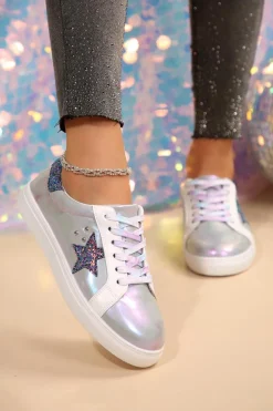 Fashion Dear-Lover Star Sequin Patchwork Criss Cross Casual Shoes Silvery