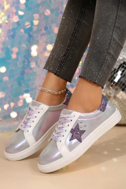 Fashion Dear-Lover Star Sequin Patchwork Criss Cross Casual Shoes Silvery