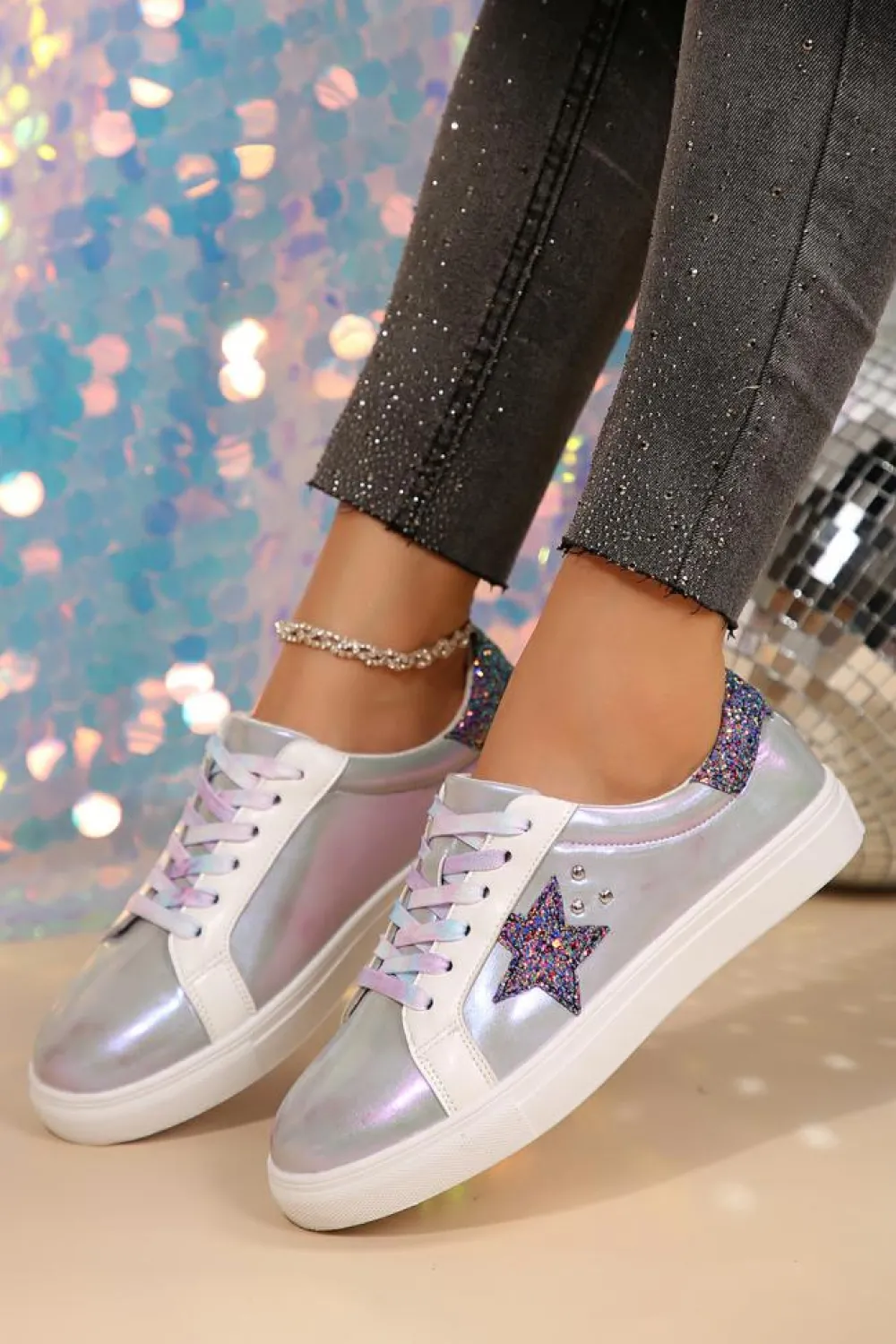 Fashion Dear-Lover Star Sequin Patchwork Criss Cross Casual Shoes Silvery