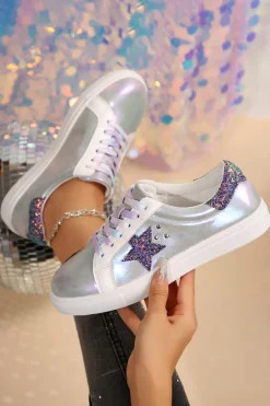 Fashion Dear-Lover Star Sequin Patchwork Criss Cross Casual Shoes Silvery