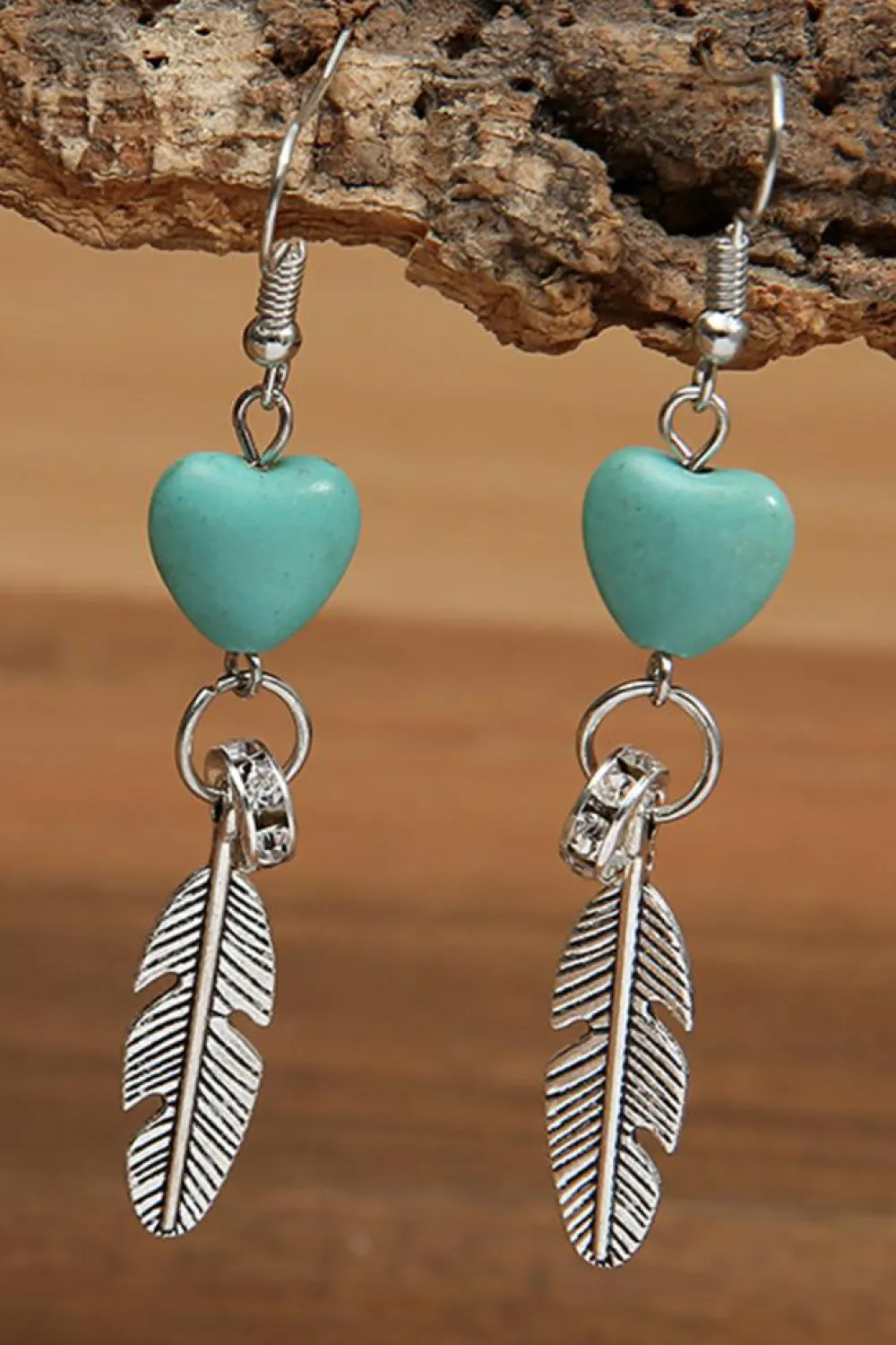 Online Dear-Lover Turquoise Heart Shape Alloy Feather Drop Earrings Silvery
