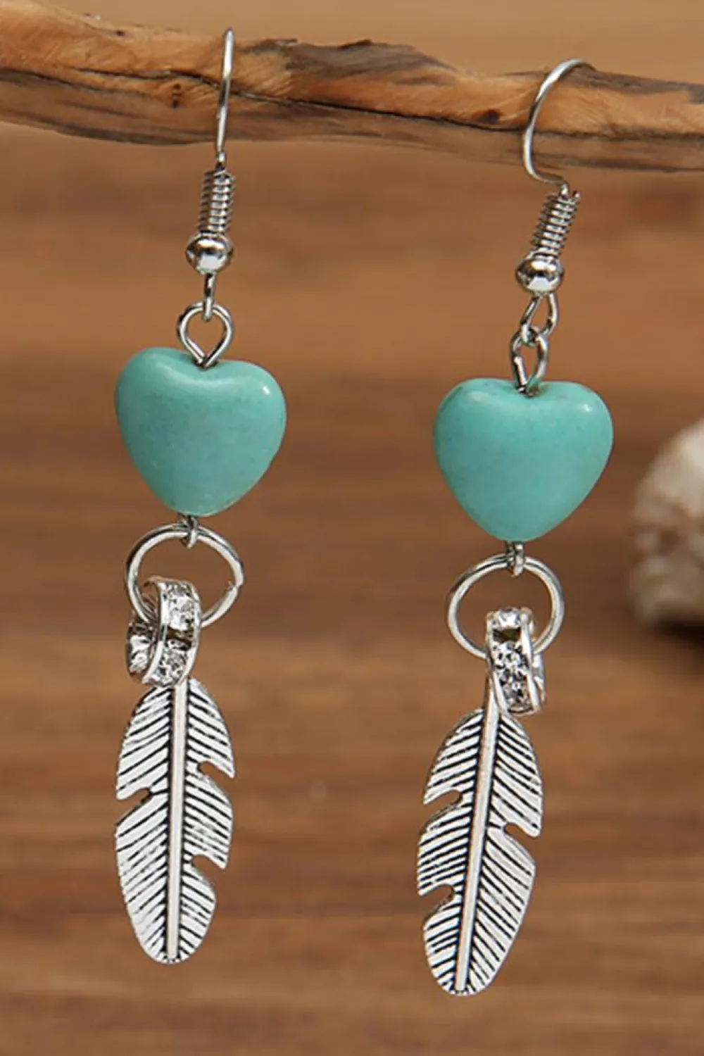 Online Dear-Lover Turquoise Heart Shape Alloy Feather Drop Earrings Silvery