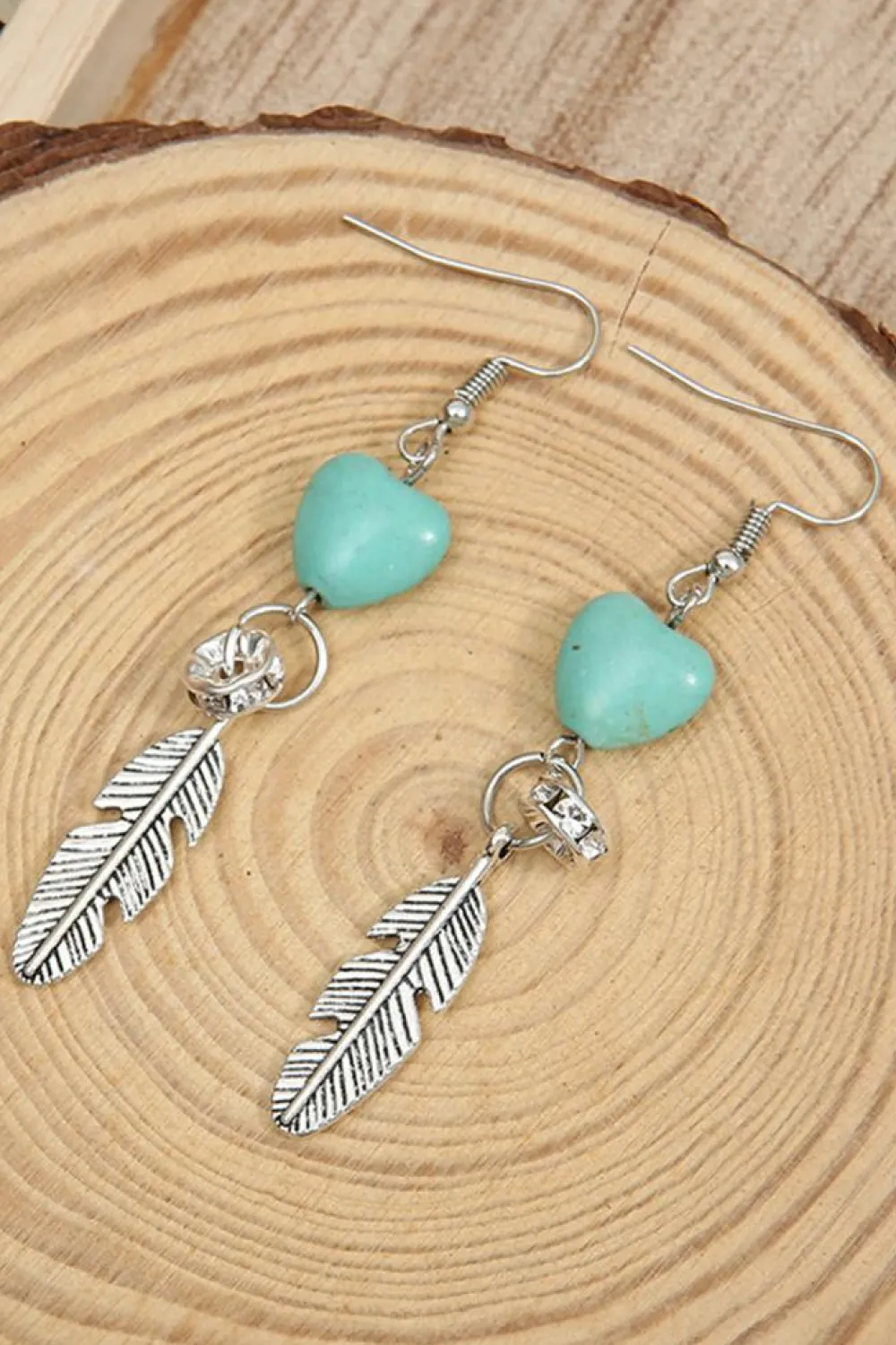 Online Dear-Lover Turquoise Heart Shape Alloy Feather Drop Earrings Silvery