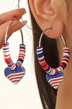 Sale Dear-Lover US Flag Heart Pendant Beaded Big Hoop Earrings Silvery