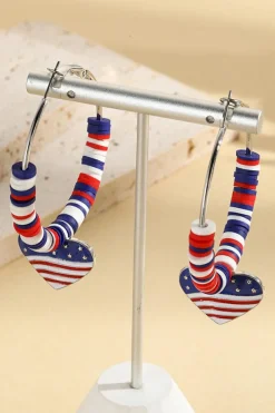 Sale Dear-Lover US Flag Heart Pendant Beaded Big Hoop Earrings Silvery