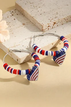 Sale Dear-Lover US Flag Heart Pendant Beaded Big Hoop Earrings Silvery