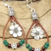 Outlet Dear-Lover Western Leather Beaded Floral Dangle Earrings Silvery