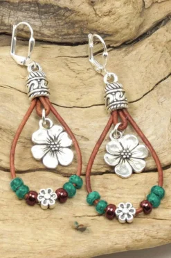 Outlet Dear-Lover Western Leather Beaded Floral Dangle Earrings Silvery