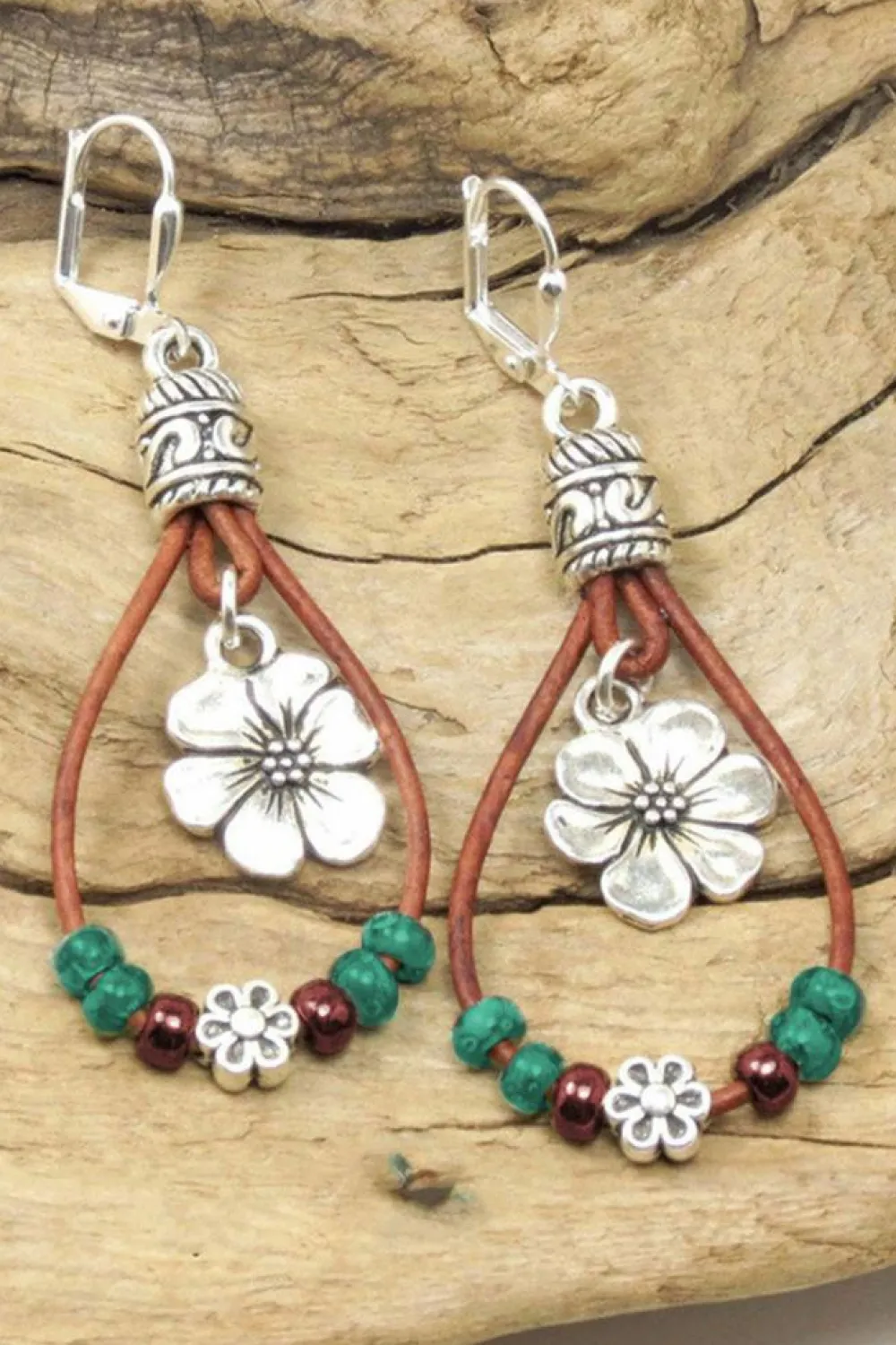 Outlet Dear-Lover Western Leather Beaded Floral Dangle Earrings Silvery