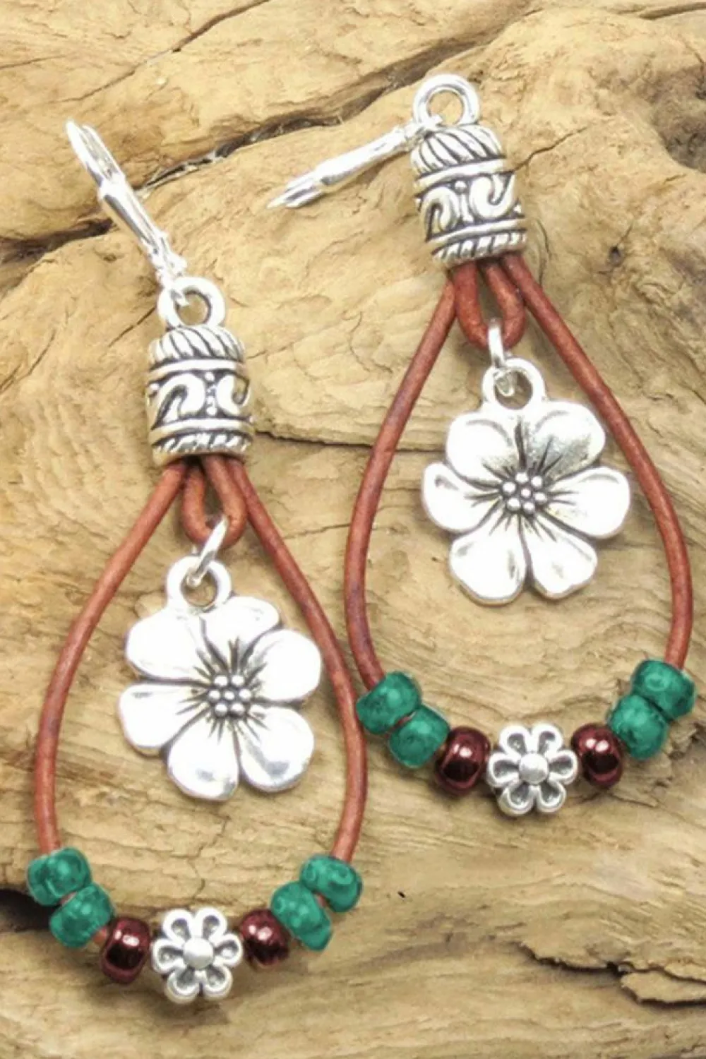 Outlet Dear-Lover Western Leather Beaded Floral Dangle Earrings Silvery