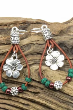 Outlet Dear-Lover Western Leather Beaded Floral Dangle Earrings Silvery