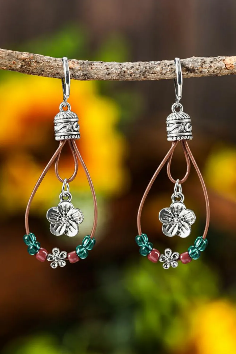 Outlet Dear-Lover Western Leather Beaded Floral Dangle Earrings Silvery