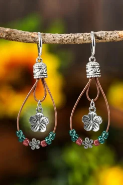 Outlet Dear-Lover Western Leather Beaded Floral Dangle Earrings Silvery