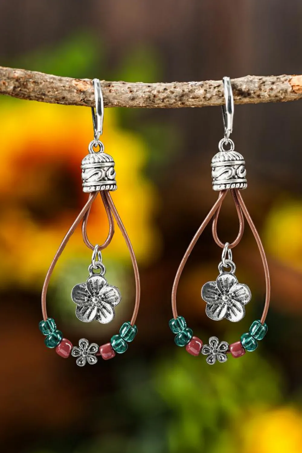 Outlet Dear-Lover Western Leather Beaded Floral Dangle Earrings Silvery