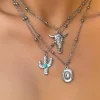 Sale Dear-Lover Western Steer Cactus Pendant Adjustable Multi Layer Necklace Silvery