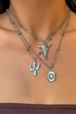 Sale Dear-Lover Western Steer Cactus Pendant Adjustable Multi Layer Necklace Silvery