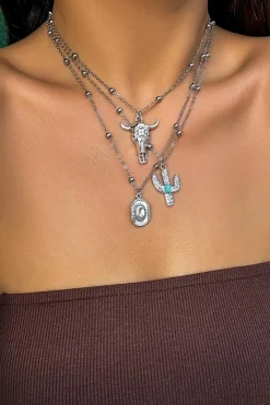 Sale Dear-Lover Western Steer Cactus Pendant Adjustable Multi Layer Necklace Silvery