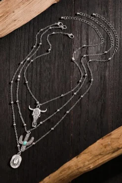 Sale Dear-Lover Western Steer Cactus Pendant Adjustable Multi Layer Necklace Silvery