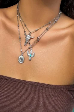 Sale Dear-Lover Western Steer Cactus Pendant Adjustable Multi Layer Necklace Silvery