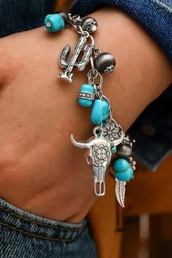 New Dear-Lover Western Steer Head Turquoise Charm Alloy Bracelet Silvery