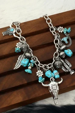 New Dear-Lover Western Steer Head Turquoise Charm Alloy Bracelet Silvery