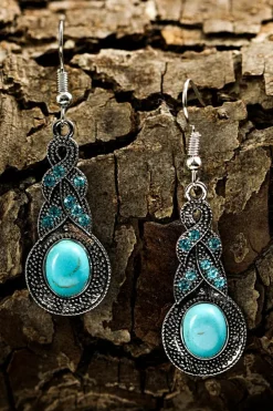 Clearance Dear-Lover Western Turquoise Rhinestone Inlay Dangle Earrings Silvery