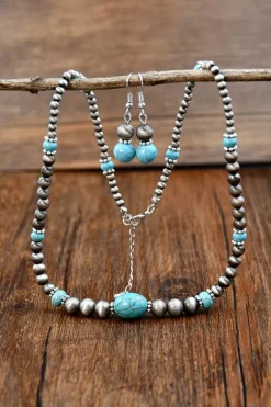 Clearance Dear-Lover Western Turquoise Beaded Necklace and Earring Set Silvery