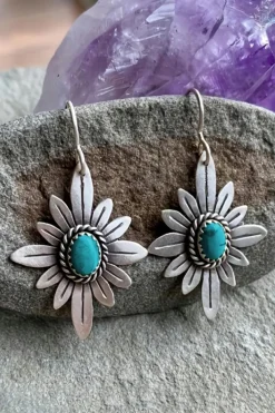 Clearance Dear-Lover Western Turquoise Flower Shape Hook Earrings Silvery
