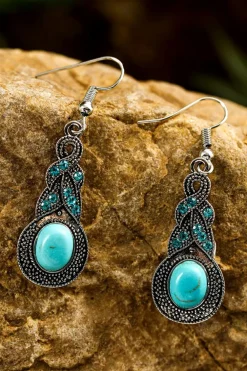 Clearance Dear-Lover Western Turquoise Rhinestone Inlay Dangle Earrings Silvery
