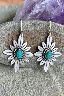 Clearance Dear-Lover Western Turquoise Flower Shape Hook Earrings Silvery