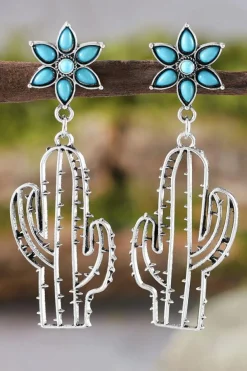 Online Dear-Lover Western Turquoise Flower Cactus Dangle Earrings Silvery
